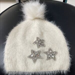 Express White Faux-Fur Pom Beanie with Rhinestone Star Accents